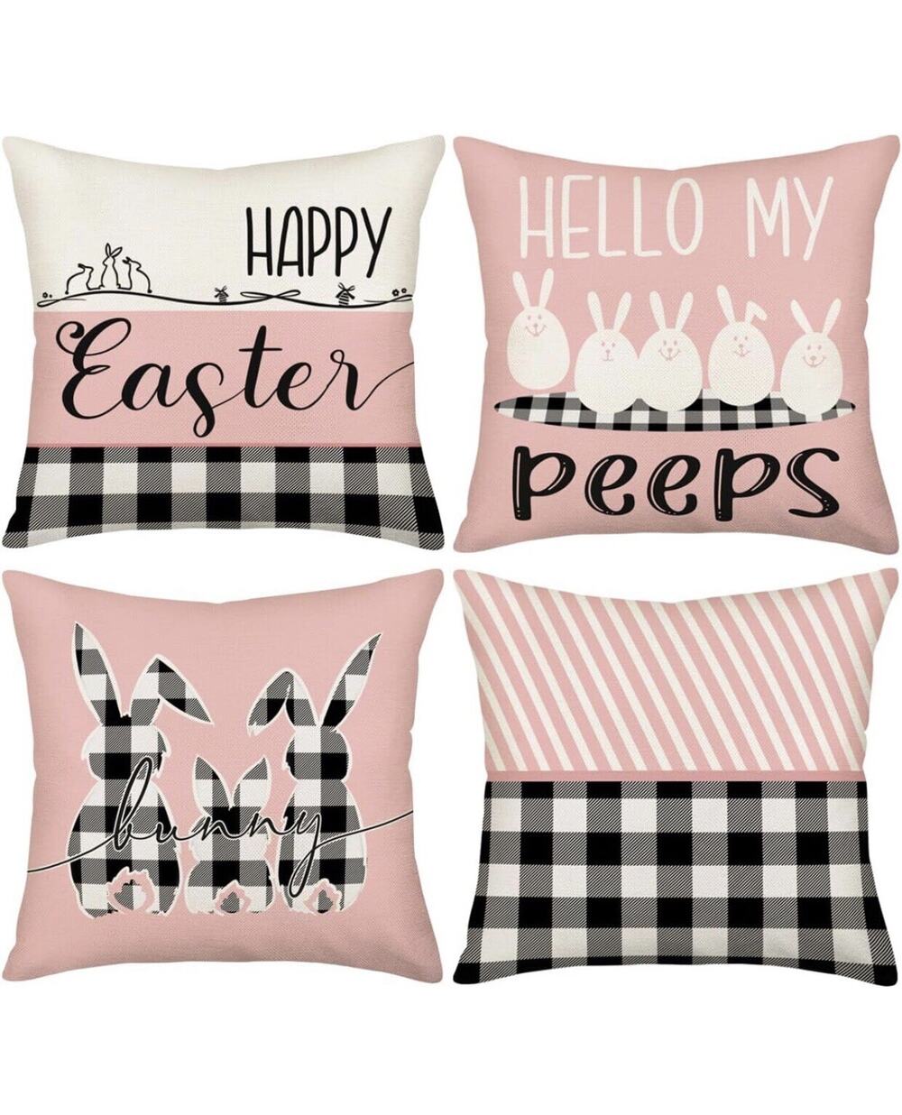 Easter Throw Pillow Covers 24 x 24 Inch Set of 4 Pink Buffalo Plaid Farmhouse...